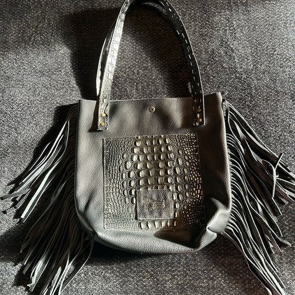 Fringed Black Crocodile-Embossed Tote Bag with Silver toned accents - Picture 2 of 6